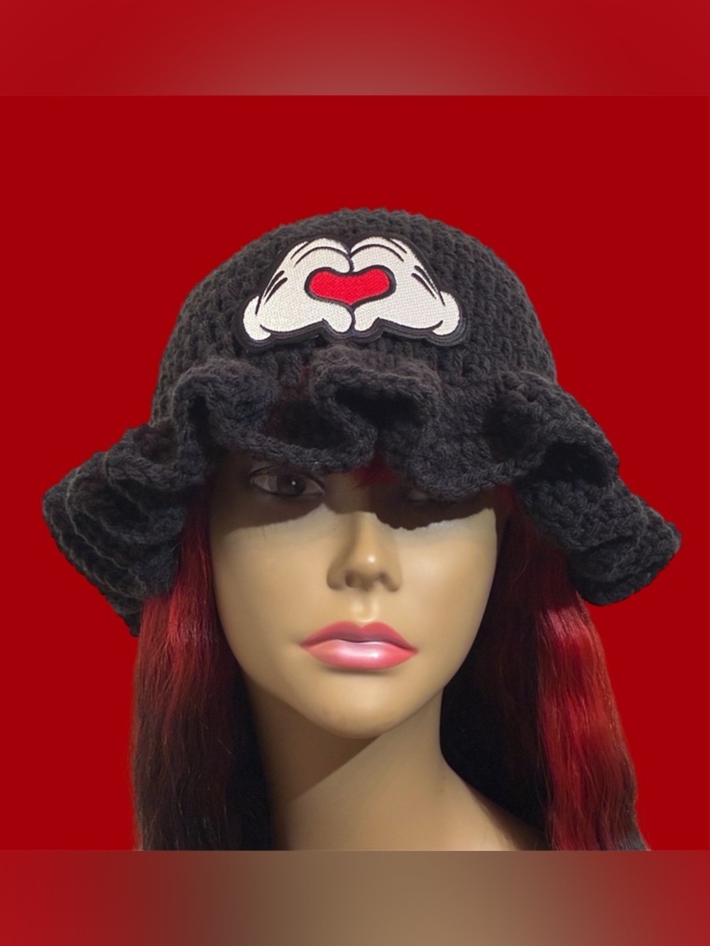 Black Crochet Ruffle Bucket Hat with Heart Hands Patch